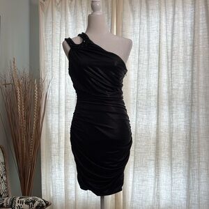 bebe One-Shoulder Black Ruched Cocktail Dress with Embellished Strap